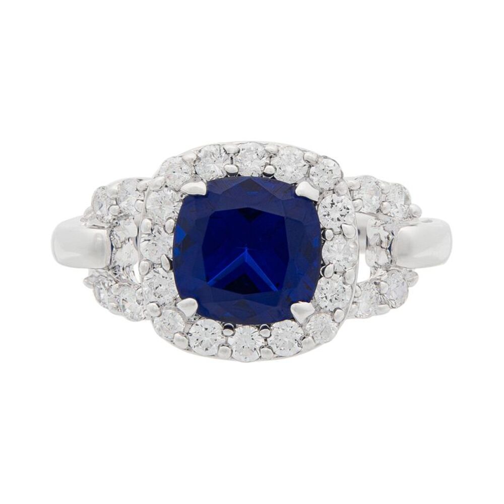 Cushion Cut Simulated Cushion Cut Sapphire and CZ Platinum Plated Ring, Size 9